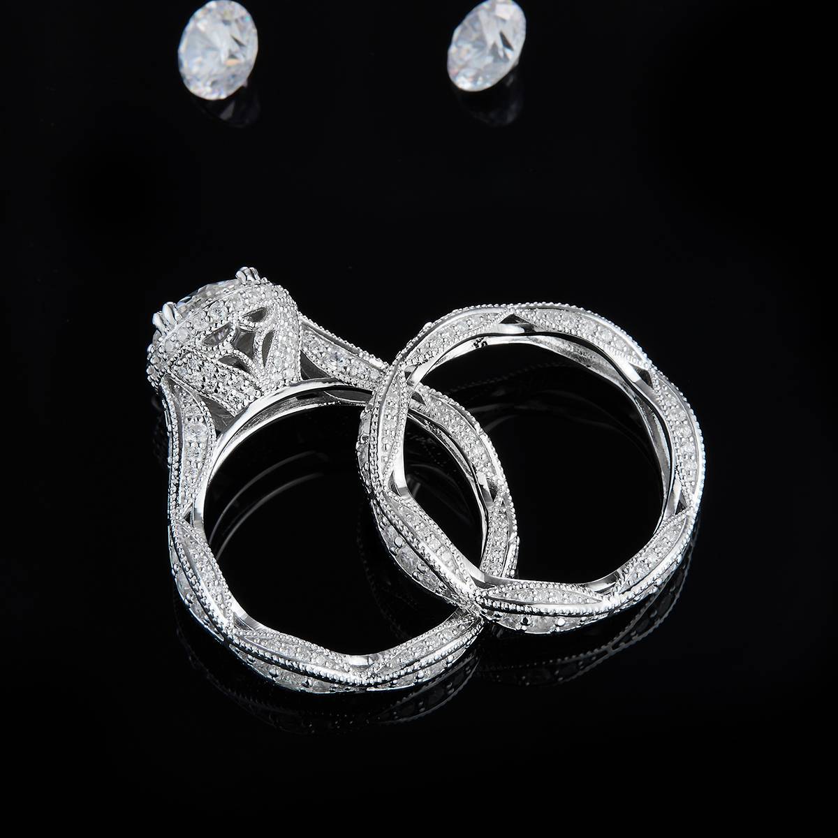 S925 Silver Plated Platinum Primary and Secondary Set Ring Stacked Women's Ring Customized Selection Main Stone Moissanite 1.5ct/Side Stone Cubic Zirconia