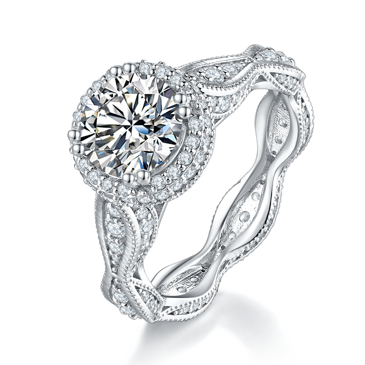 S925 Silver Plated Platinum Primary and Secondary Set Ring Stacked Women's Ring Customized Selection Main Stone Moissanite 1.5ct/Side Stone Cubic Zirconia