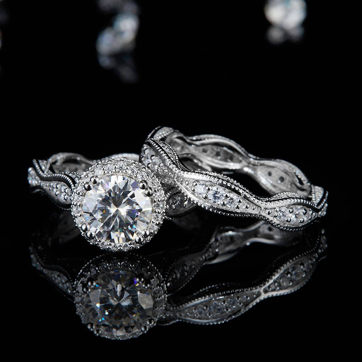 S925 Silver Plated Platinum Primary and Secondary Set Ring Stacked Women's Ring Customized Selection Main Stone Moissanite 1.5ct/Side Stone Cubic Zirconia
