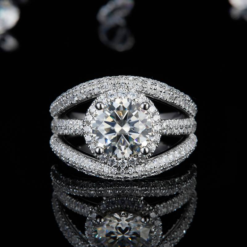豪华满钻女戒S925银镀白金定制选款主石莫桑钻2.0ct/副石高碳钻