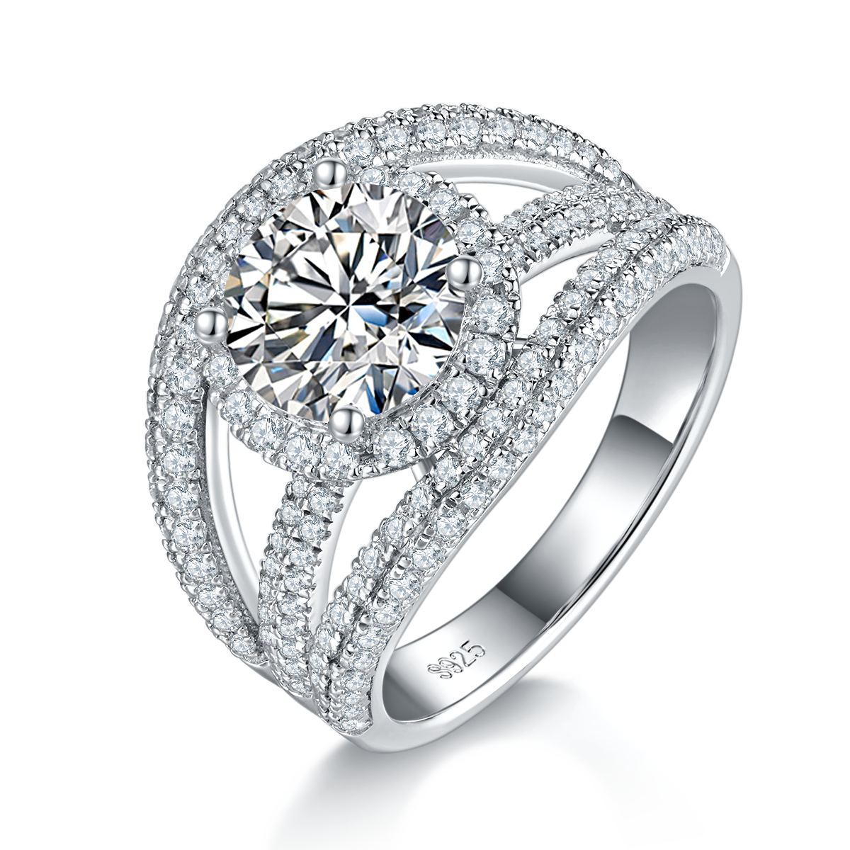 豪华满钻女戒S925银镀白金定制选款主石莫桑钻2.0ct/副石高碳钻