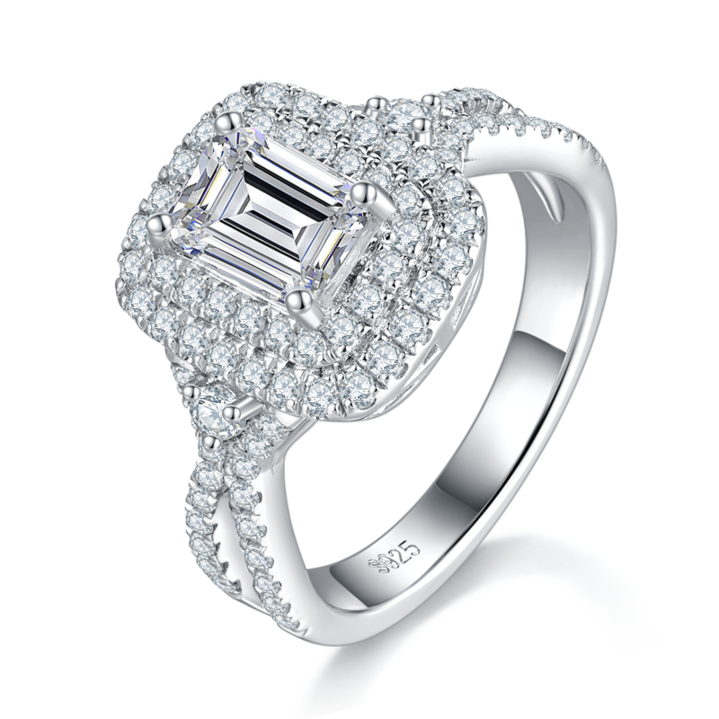 方形圆包女戒S925银镀白金女戒定制选款主石莫桑钻1.0ct/副石高碳钻