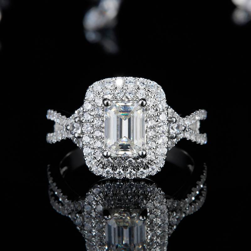 方形圆包女戒S925银镀白金女戒定制选款主石莫桑钻1.0ct/副石高碳钻