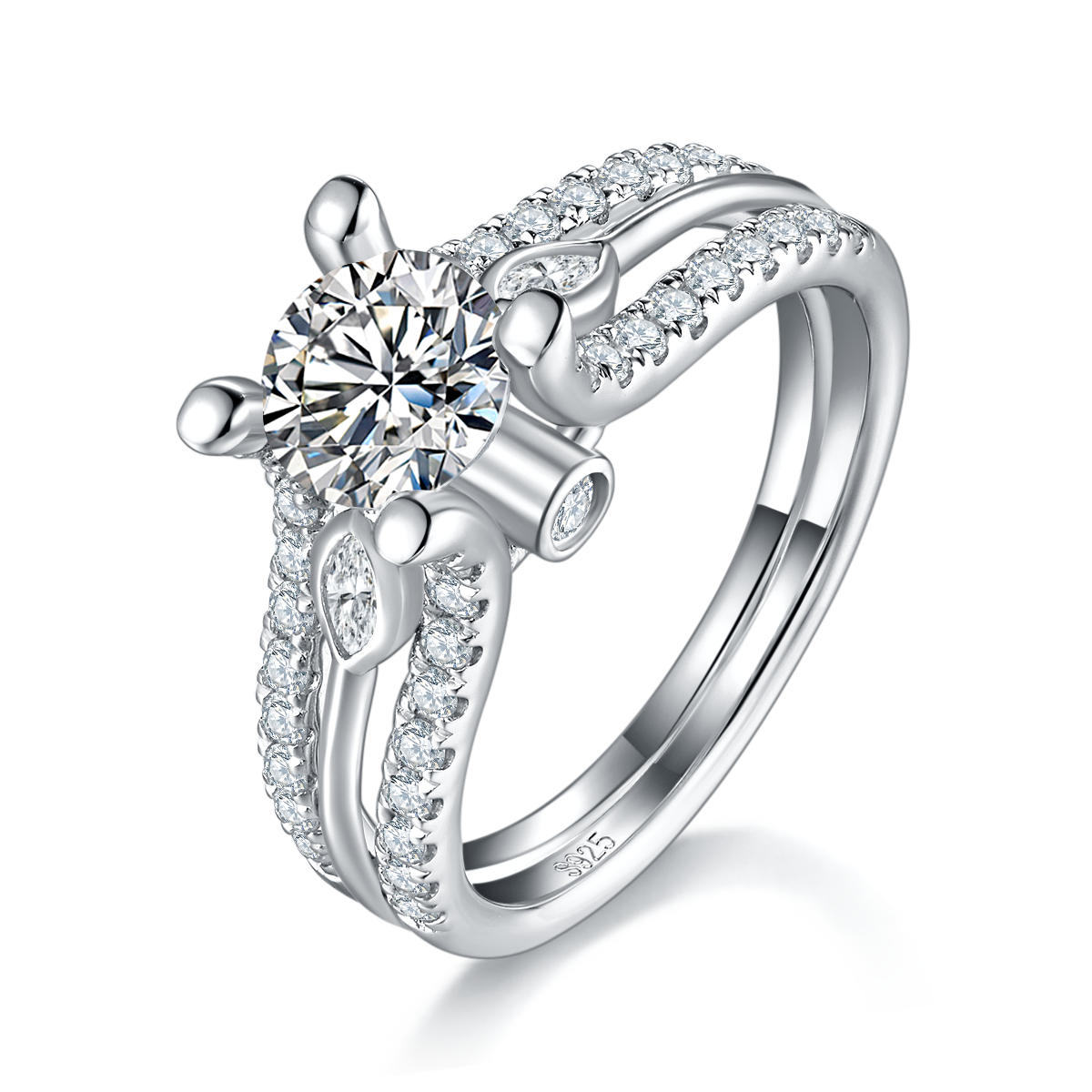 Luxury Four Claw Women's Ring S925 Silver Plated Platinum Customized Selection Main Stone Moissanite 1.0ct/Side Stone Cubic Zirconia