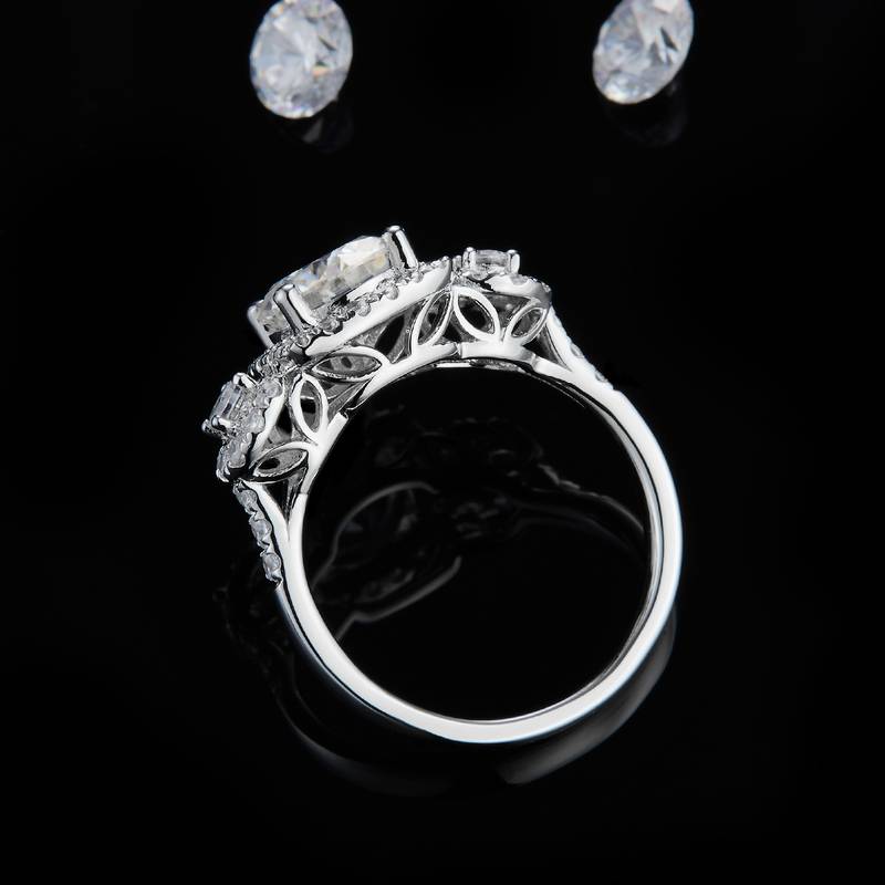 三石款圆包Women's RingS925银镀白金定制选款主石Moissanite2.0ct/副石高碳钻