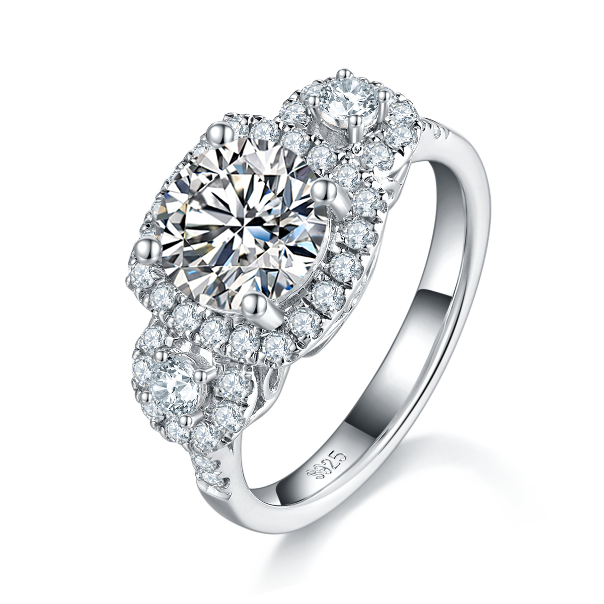 三石款圆包女戒S925银镀白金定制选款主石莫桑钻2.0ct/副石高碳钻