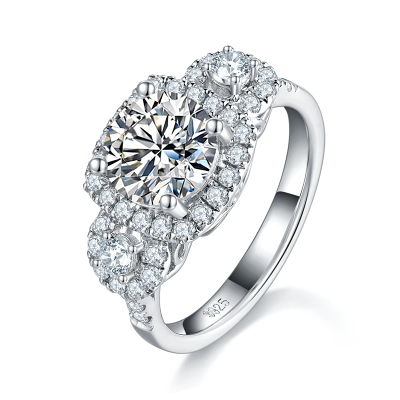 三石款圆包Women's RingS925银镀白金定制选款主石Moissanite2.0ct/副石高碳钻
