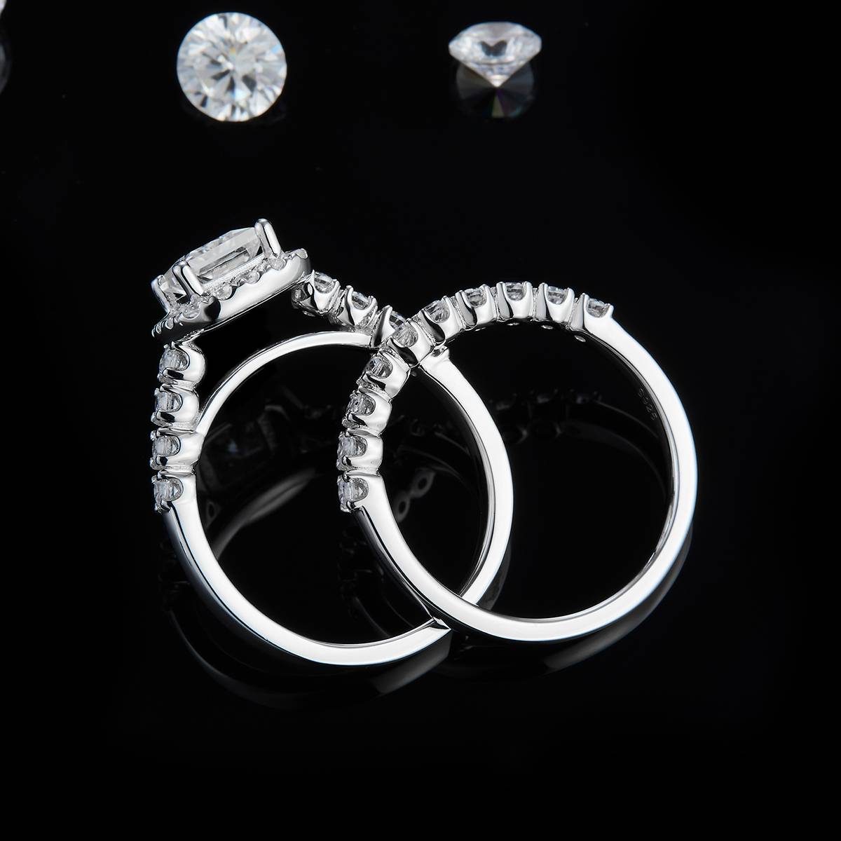 S925银镀白金主副套戒叠戴女戒定制选款主石莫桑钻1.0ct/副石高碳钻