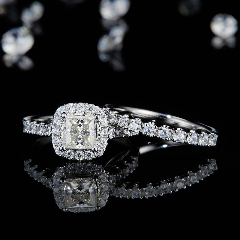 S925银镀白金主副套戒叠戴女戒定制选款主石莫桑钻1.0ct/副石高碳钻
