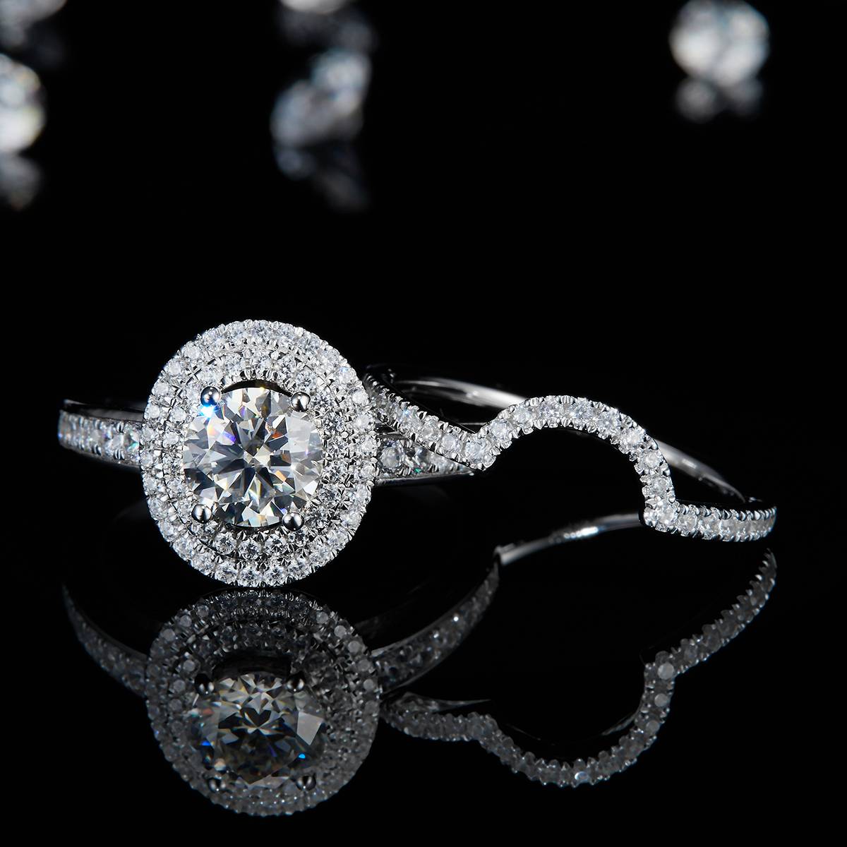 S925银镀白金主副套戒叠戴女戒定制选款主石莫桑钻1.0ct/副石高碳钻