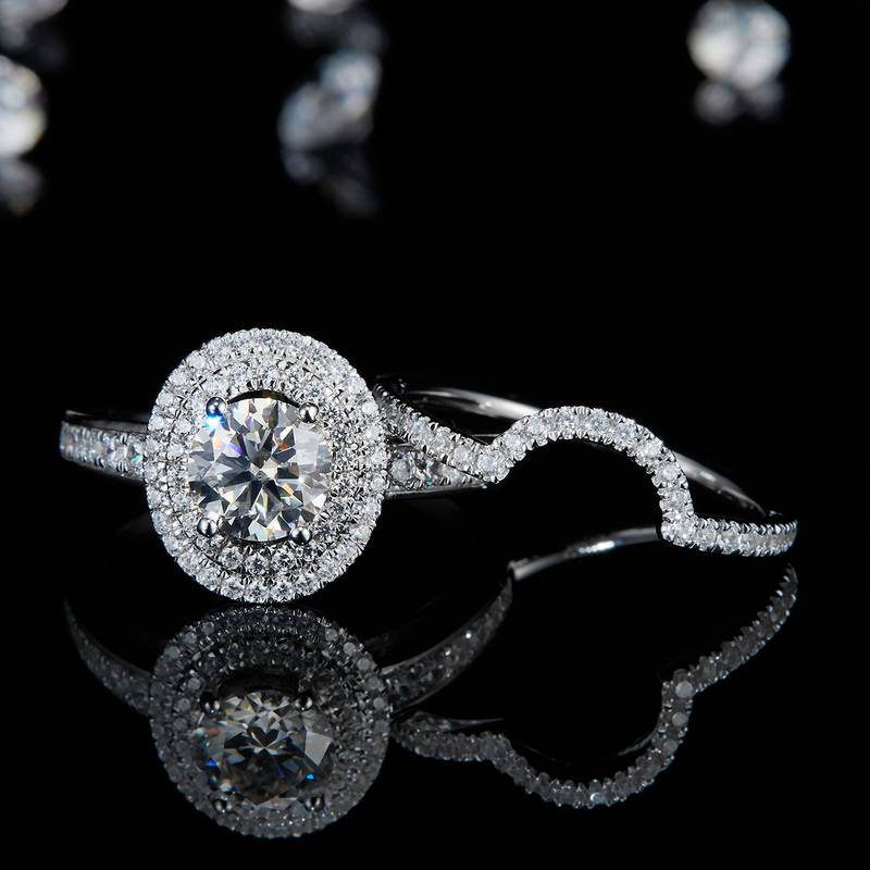 S925银镀白金主副套戒叠戴女戒定制选款主石莫桑钻1.0ct/副石高碳钻