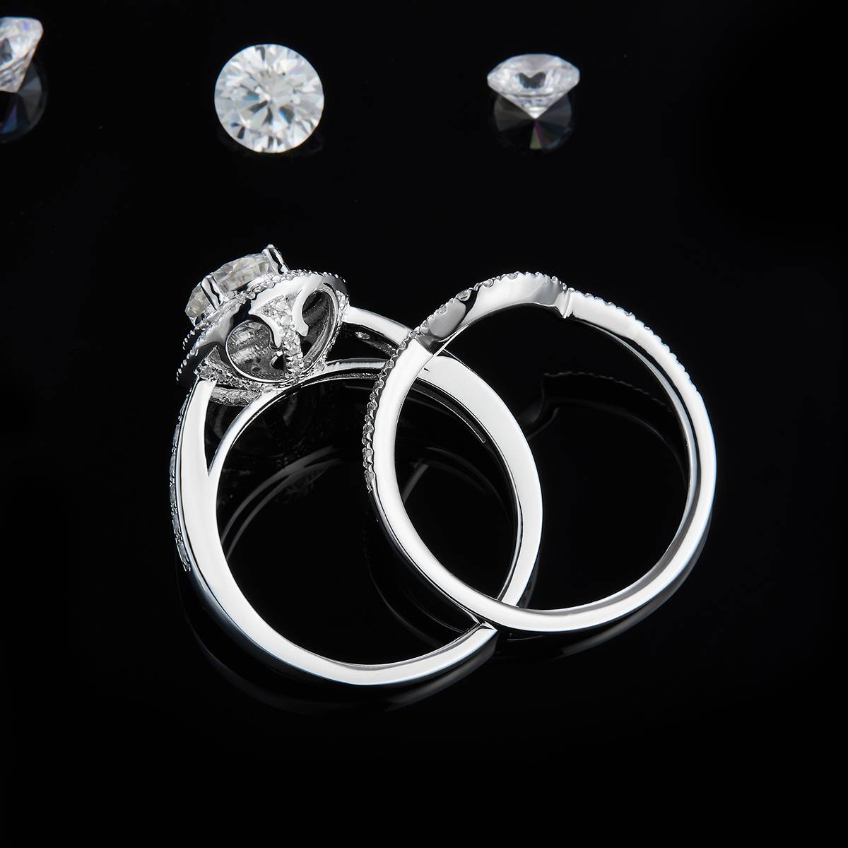 S925银镀白金主副套戒叠戴女戒定制选款主石莫桑钻1.0ct/副石高碳钻