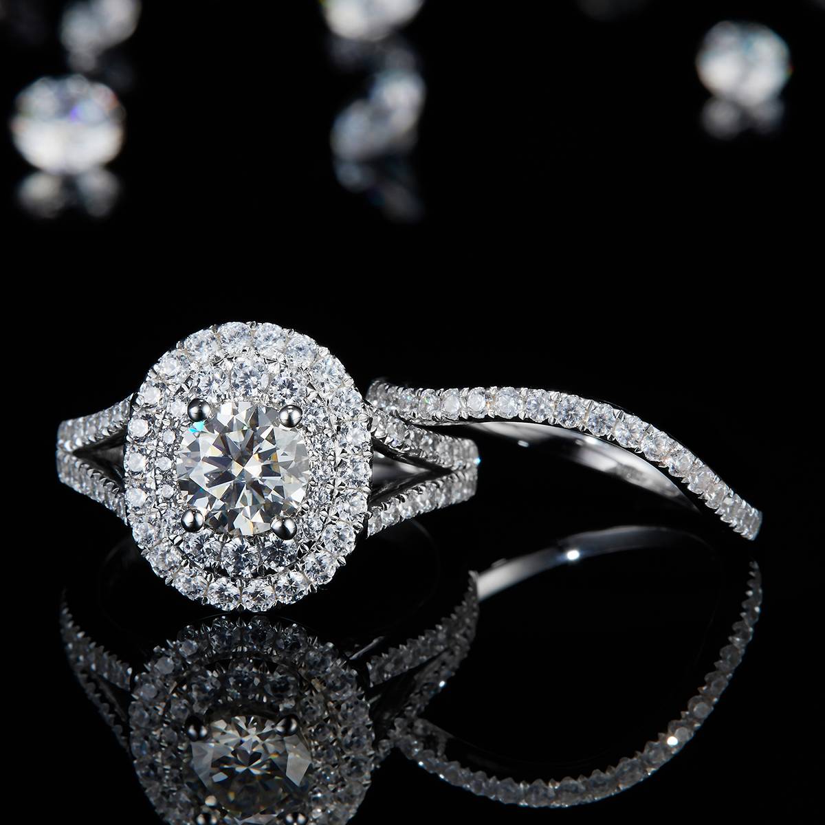 S925银镀白金主副套戒叠戴女戒定制选款主石莫桑钻1.0ct/副石高碳钻