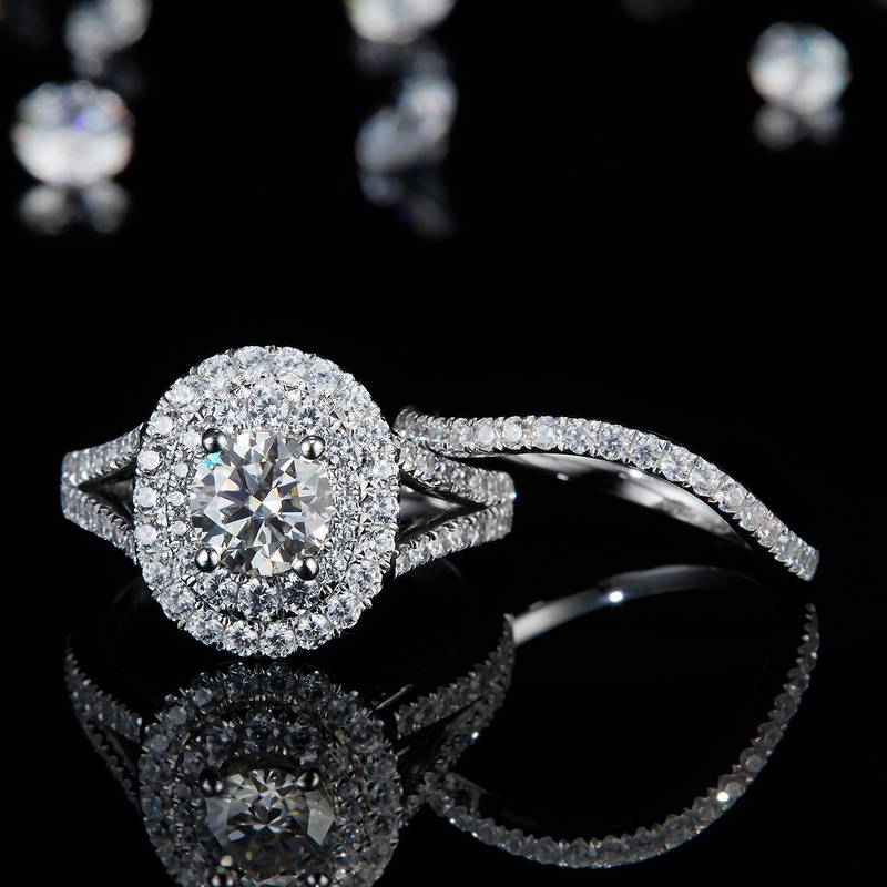 S925银镀白金主副套戒叠戴女戒定制选款主石莫桑钻1.0ct/副石高碳钻