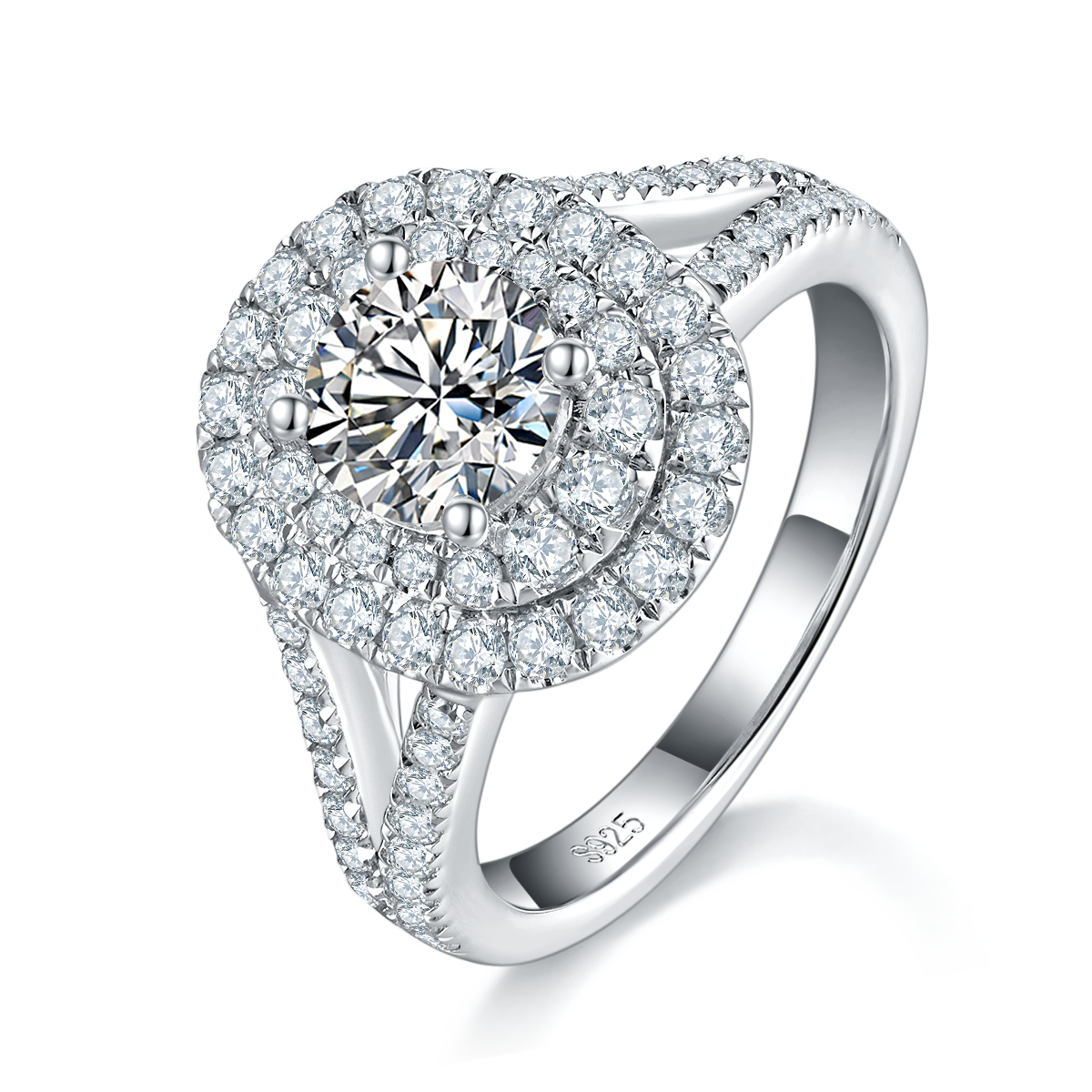 S925银镀白金主副套戒叠戴女戒定制选款主石莫桑钻1.0ct/副石高碳钻
