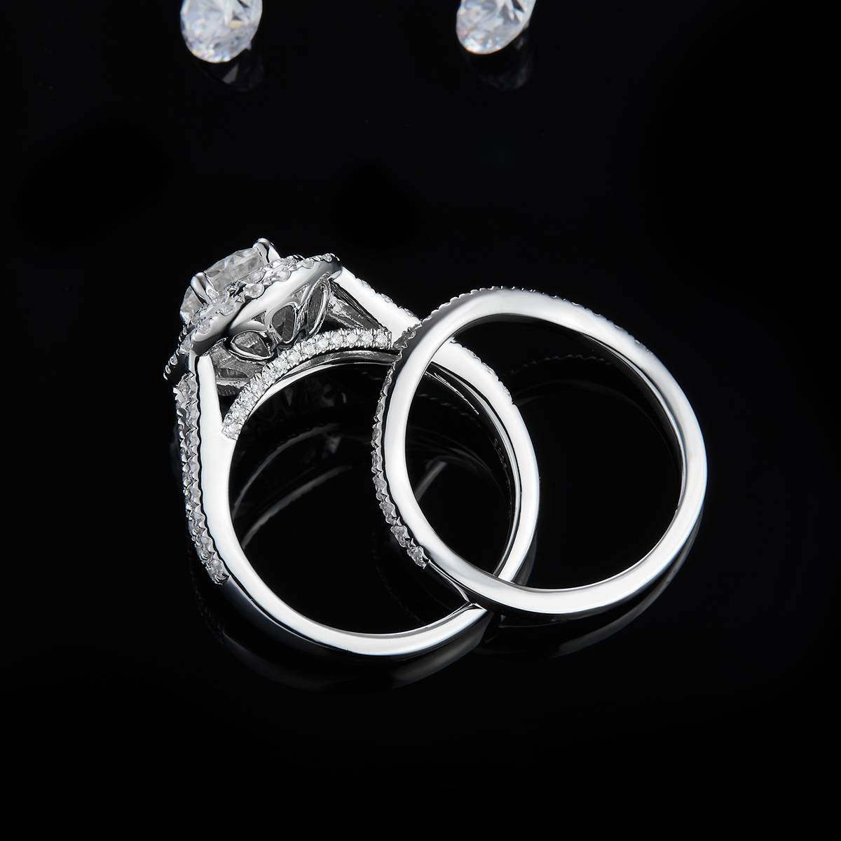 S925银镀白金主副套戒叠戴女戒定制选款主石莫桑钻1.0ct/副石高碳钻