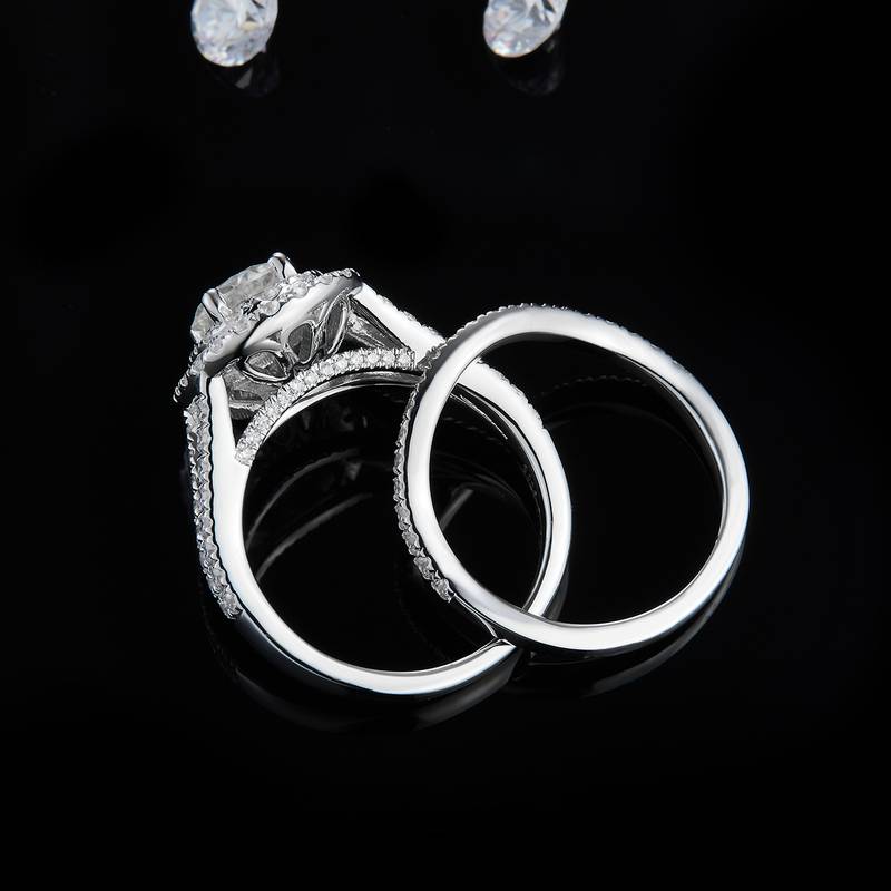 S925银镀白金主副套戒叠戴女戒定制选款主石莫桑钻1.0ct/副石高碳钻