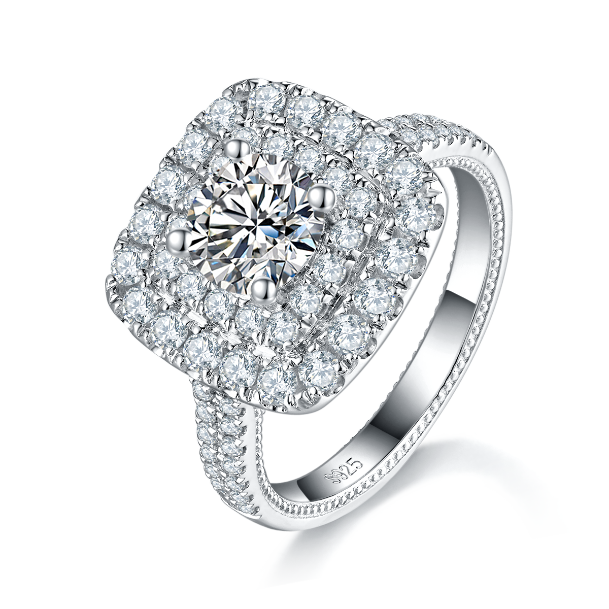 豪华满钻女戒S925银镀白金定制选款主石莫桑钻1.0ct/副石高碳钻