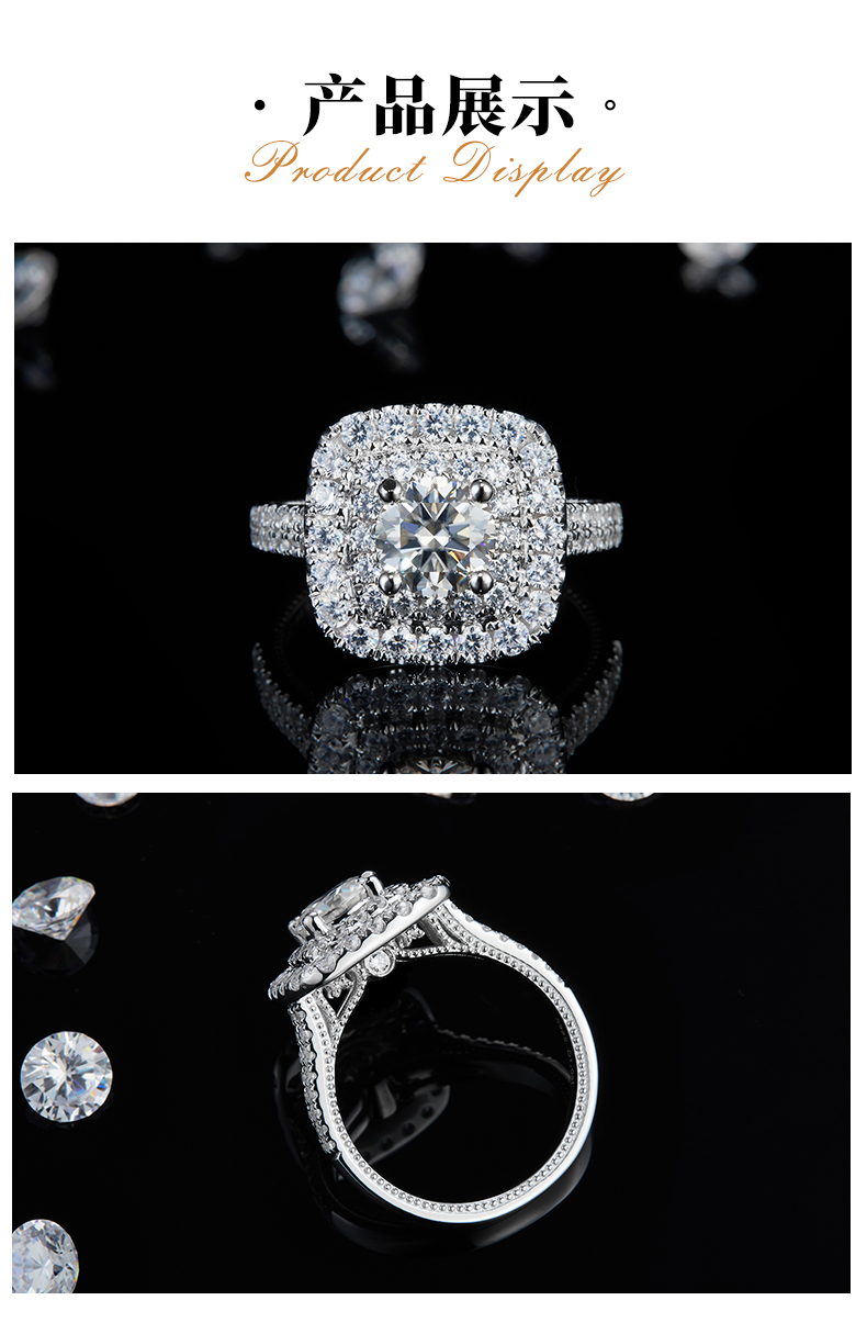 豪华满钻女戒S925银镀白金定制选款主石莫桑钻1.0ct/副石高碳钻 - 3
