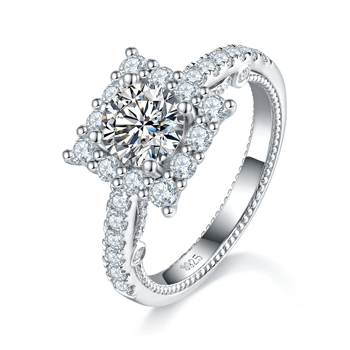 方包女戒S925银镀白金定制选款主石莫桑钻1.0ct/副石高碳钻
