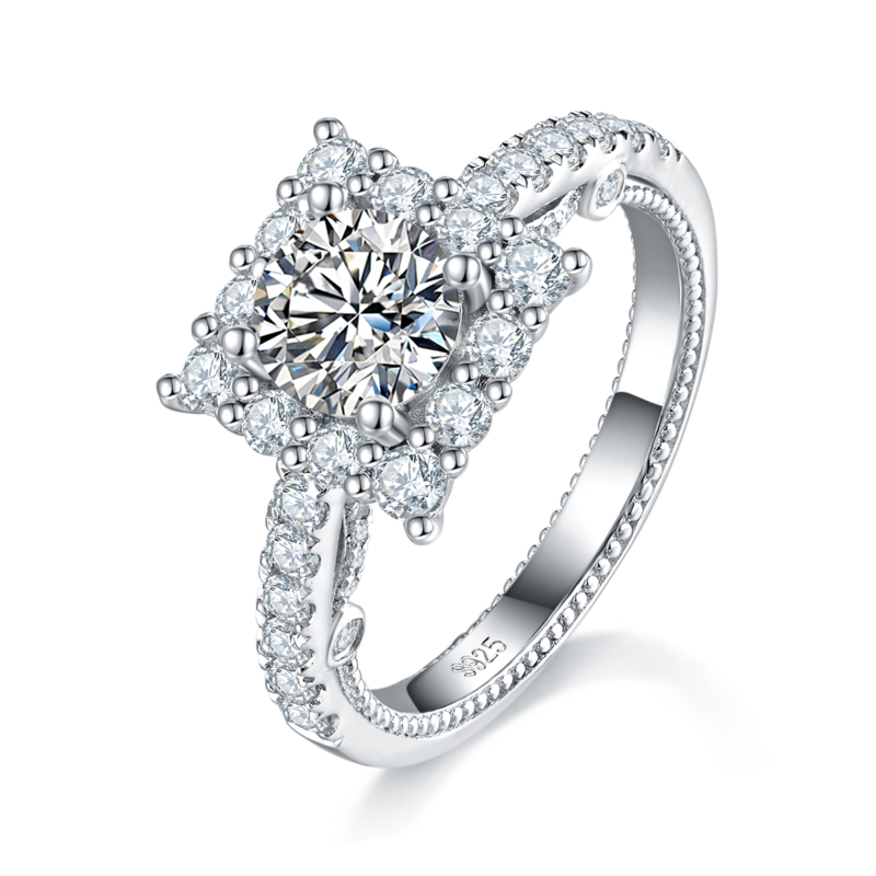方包女戒S925银镀白金定制选款主石莫桑钻1.0ct/副石高碳钻