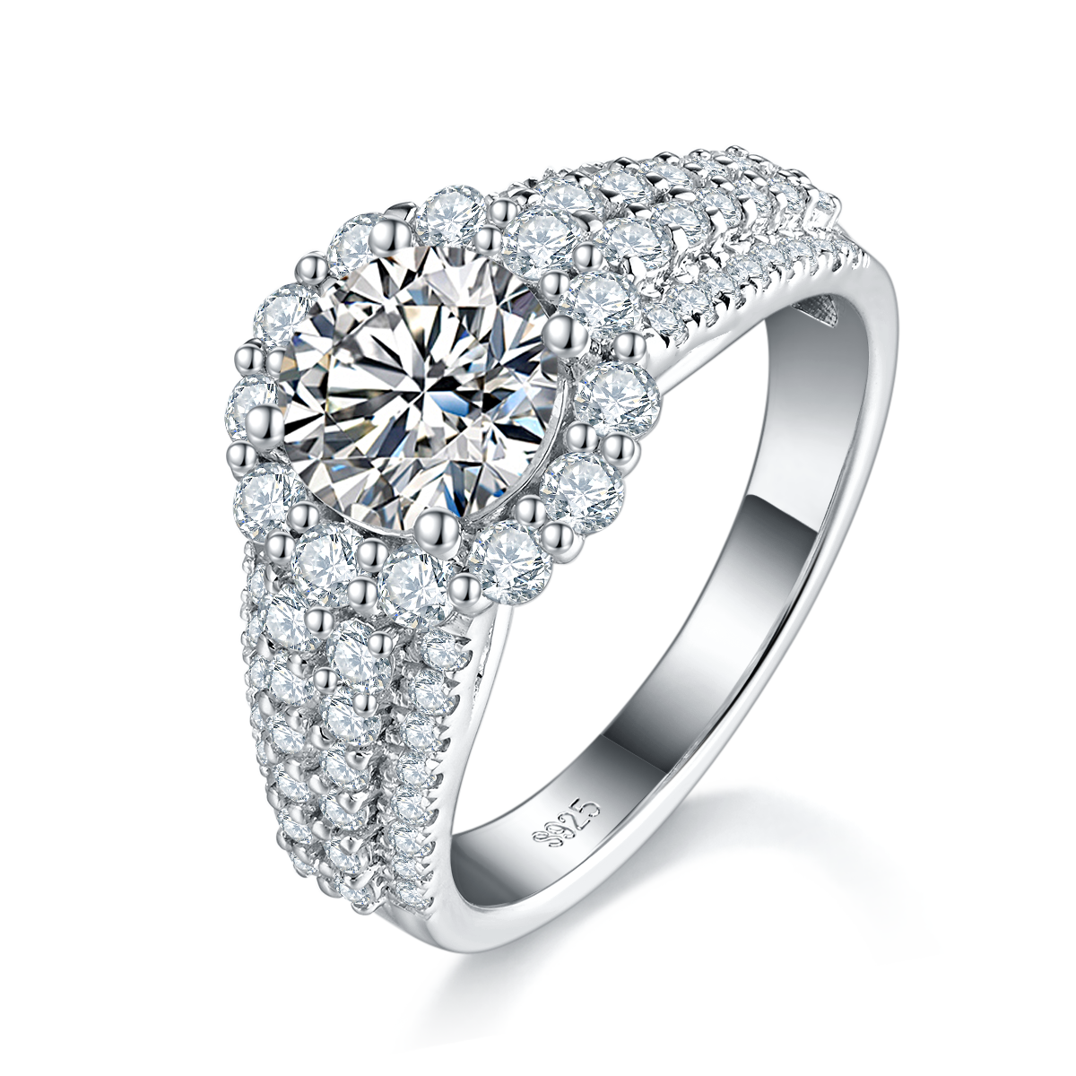 Luxury Full Diamond Women's Ring S925 Silver Plated Platinum Customized Selection Main Stone Moissanite 1.2ct/Side Stone Cubic Zirconia