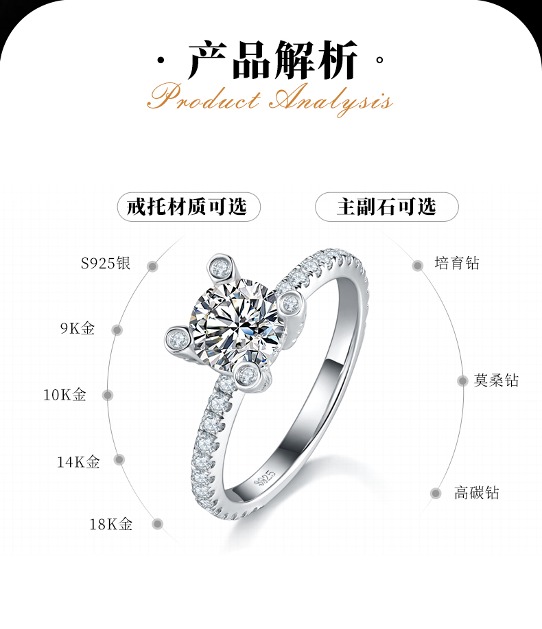 单头女戒S925银镀白金定制选款主石莫桑钻1.0ct/副石高碳钻 - 2