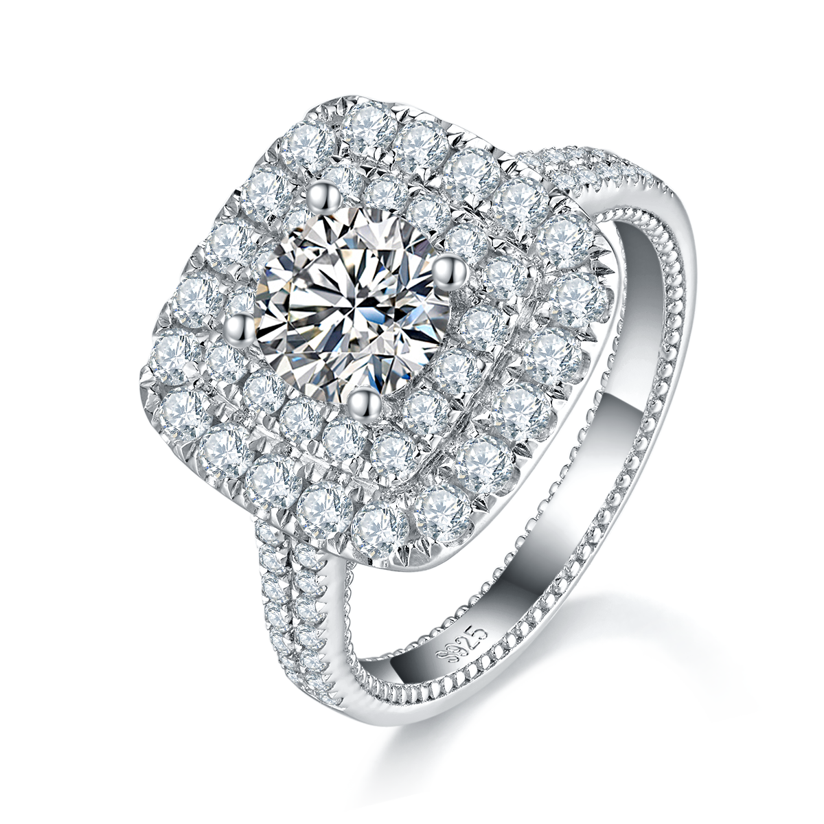 Luxury Full Diamond Women's Ring S925 Silver Plated Platinum Customized Selection Main Stone Moissanite 1.0ct/Side Stone Cubic Zirconia
