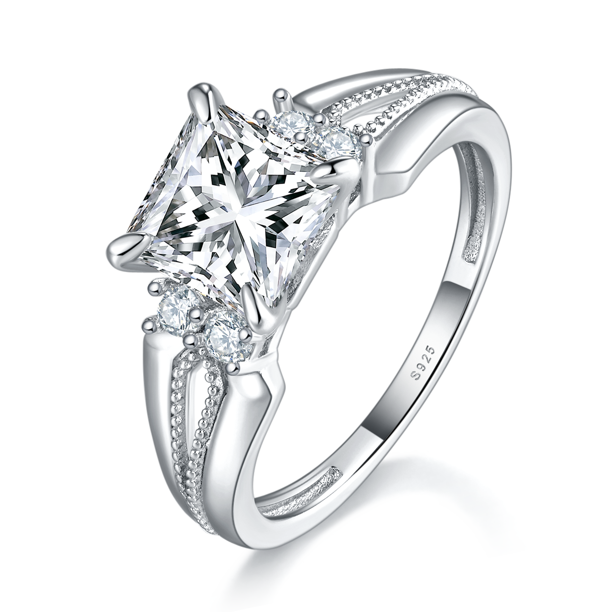 Light Luxury Princess Fang Women's Ring S925 Silver Plated Platinum Women's Ring Customized Main Stone Moissanite  2.0ct/Secondary Stone High Carbon Diamond
