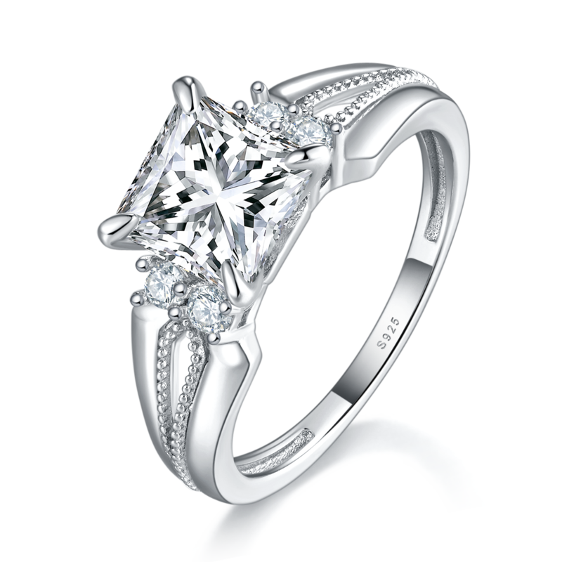 Light Luxury Princess Fang Women's Ring S925 Silver Plated Platinum Women's Ring Customized Main Stone Moissanite Diamond 2.0ct/Secondary Stone High Carbon Diamond
