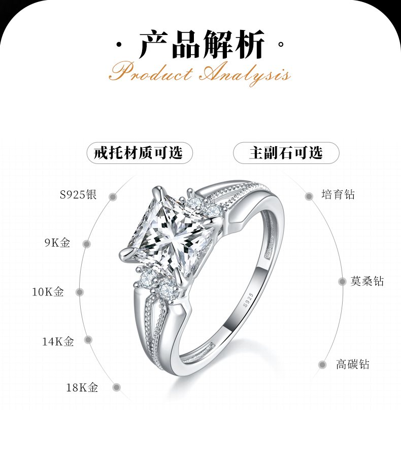 轻奢公主方女戒S925银镀白金女戒定制主石莫桑钻2.0ct/副石高碳钻 - 2