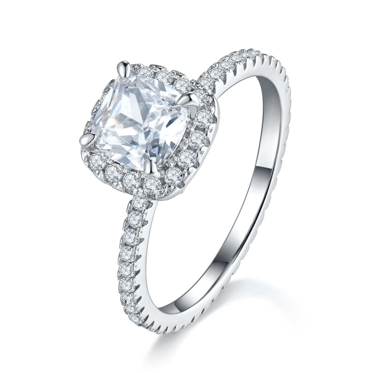 枕形圆包女戒S925银镀白金定制选款主石莫桑钻1.0ct/副石高碳钻