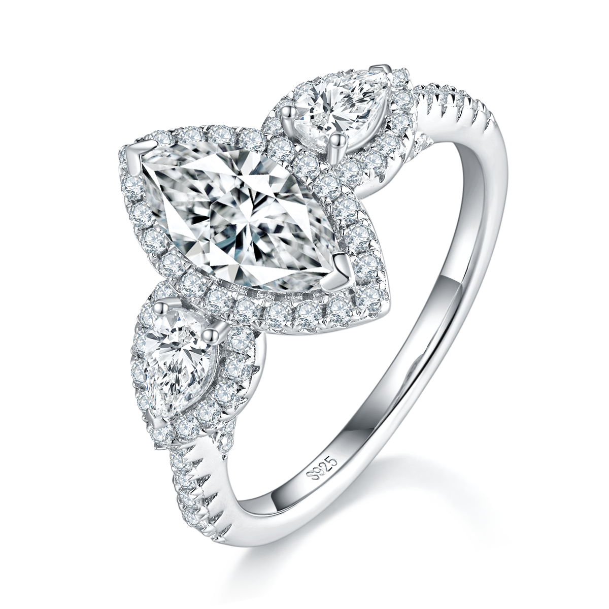 Three Stone Horse Eye Women's Ring S925 Silver Plated Platinum Customized Selection Main Stone Moissanite Diamond 1.0ct/Secondary Stone High Carbon Diamond