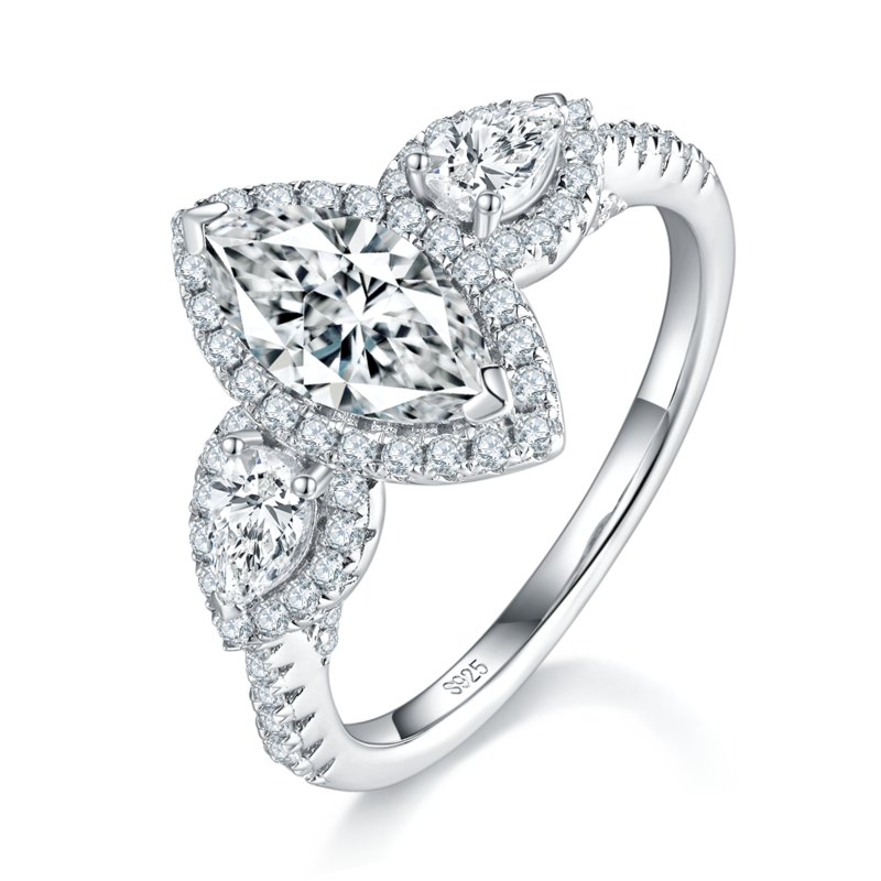 三石款马眼Women's RingS925银镀白金定制选款主石Moissanite1.0ct/副石高碳钻