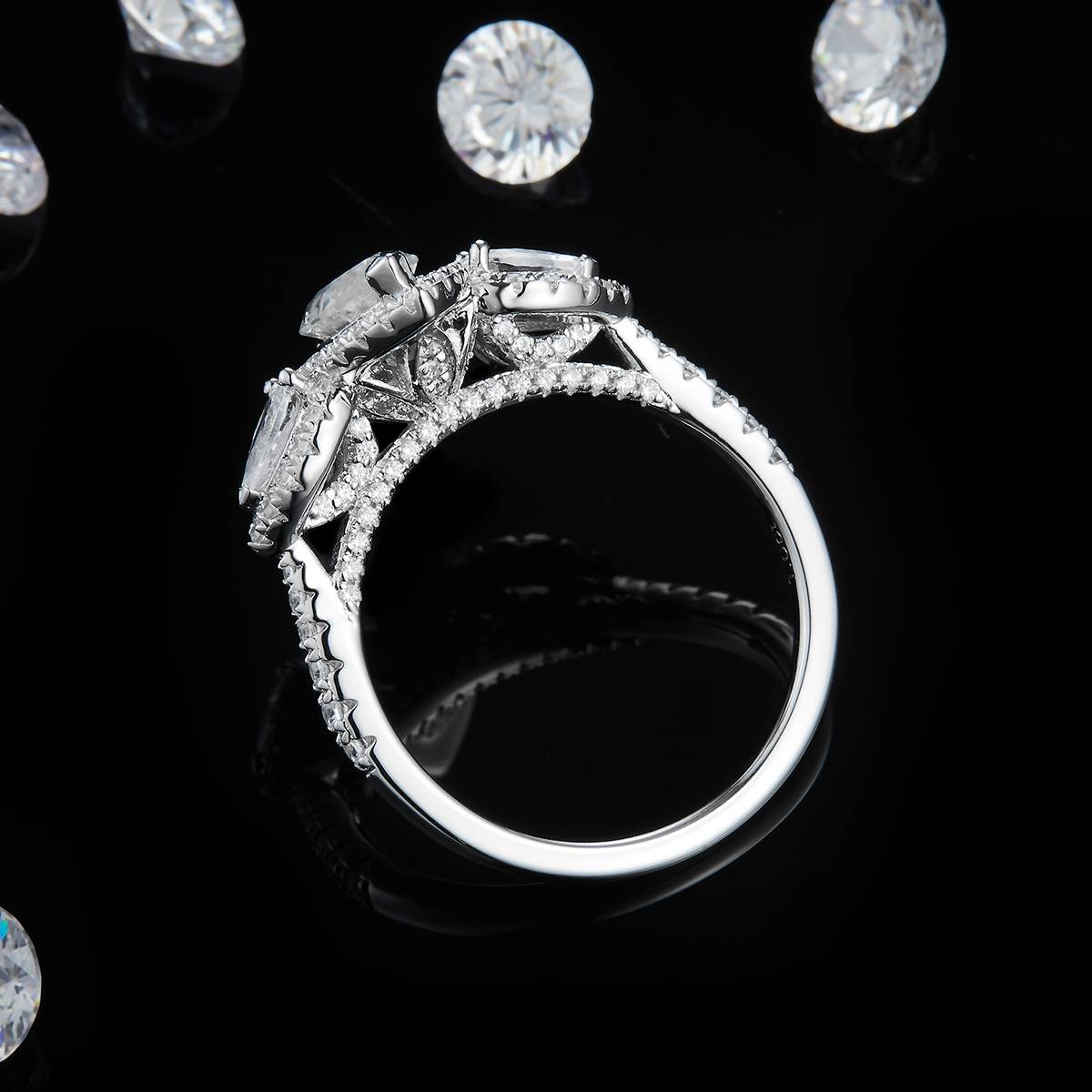 Three Stone Horse Eye Women's Ring S925 Silver Plated Platinum Customized Selection Main Stone Moissanite Diamond 1.0ct/Secondary Stone High Carbon Diamond