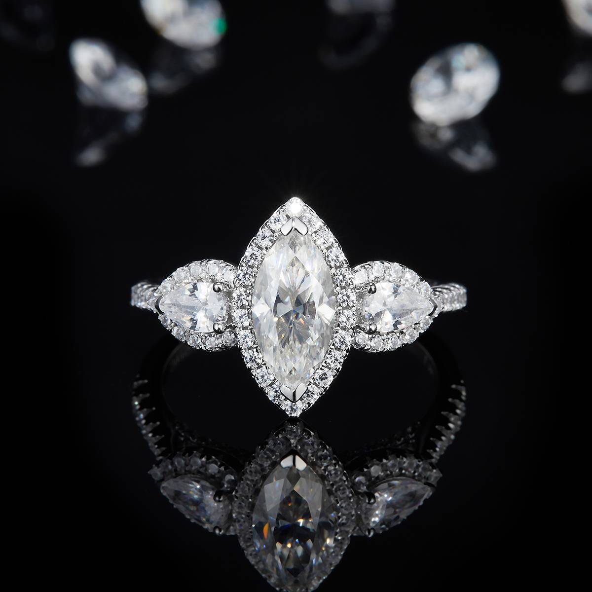 Three Stone Horse Eye Women's Ring S925 Silver Plated Platinum Customized Selection Main Stone Moissanite Diamond 1.0ct/Secondary Stone High Carbon Diamond