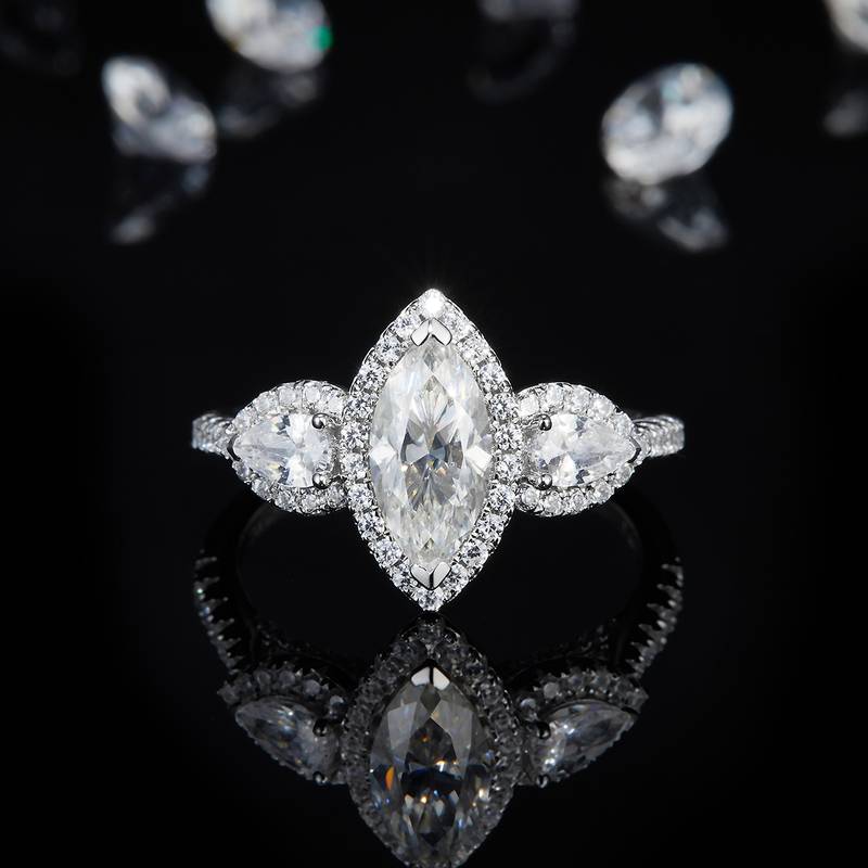 三石款马眼Women's RingS925银镀白金定制选款主石Moissanite1.0ct/副石高碳钻