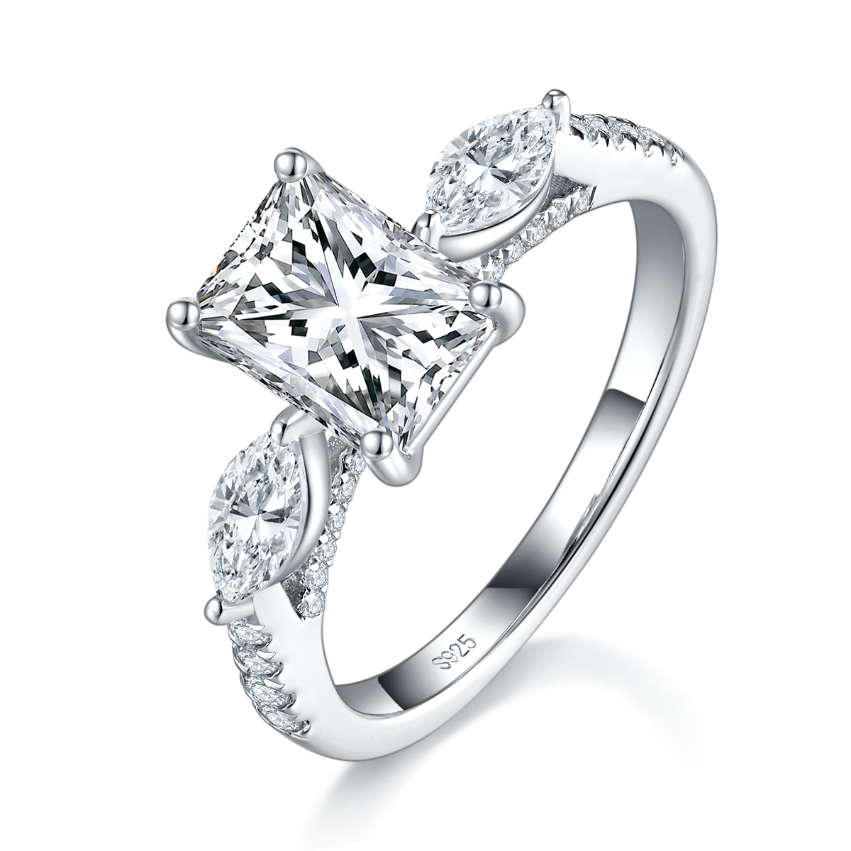 三石款雷迪恩女戒S925银镀白金定制选款主石莫桑钻2.0ct/副石高碳钻