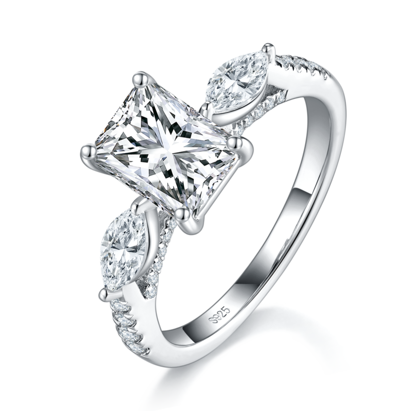 三石款雷迪恩Women's RingS925银镀白金定制选款主石Moissanite2.0ct/副石高碳钻