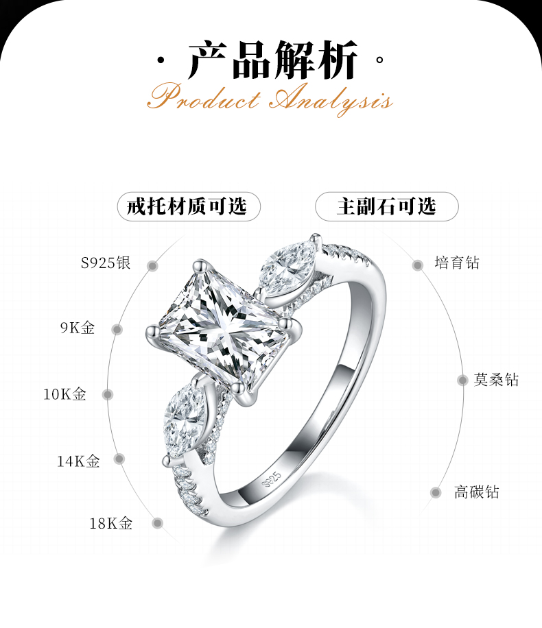 三石款雷迪恩女戒S925银镀白金定制选款主石莫桑钻2.0ct/副石高碳钻 - 2