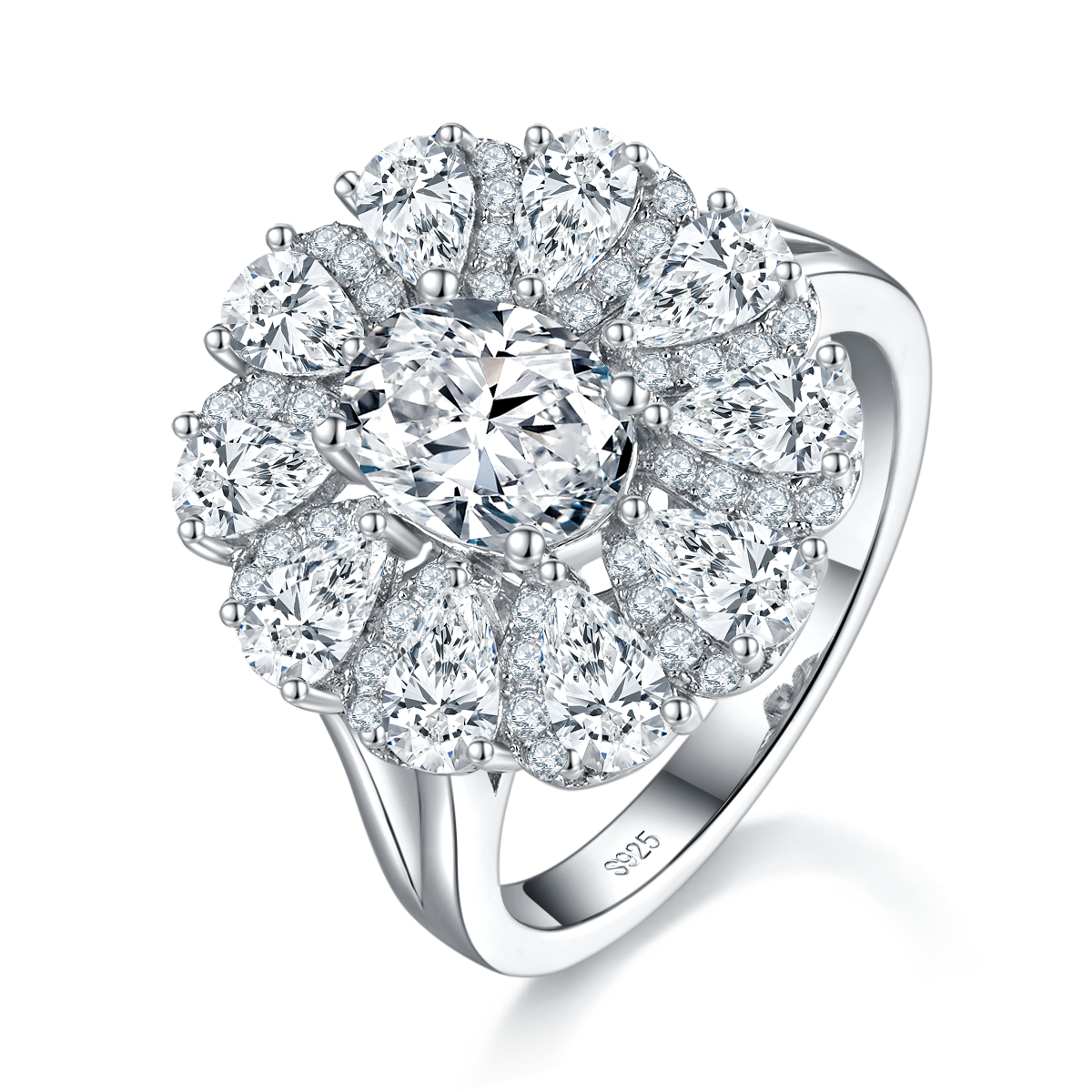 Deluxe Egg shaped Women's Ring S925 Silver Plated Platinum Customized Selection Main Stone Moissanite Diamond 1.5ct/Secondary Stone High Carbon Diamond