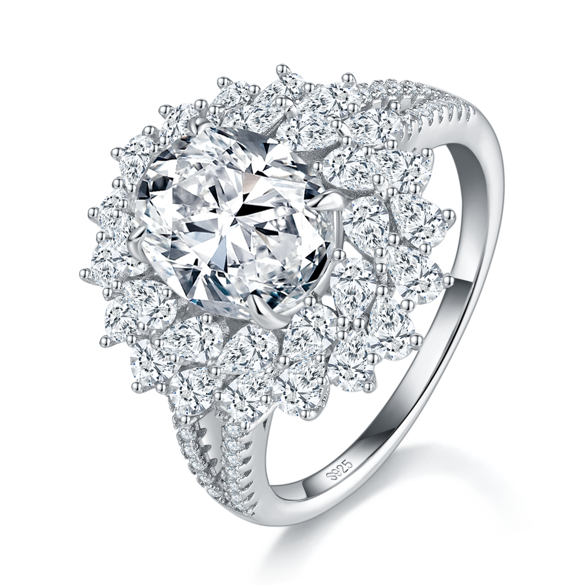 Deluxe Full Diamond Egg shaped Women's Ring S925 Silver Plated Platinum Customized Selection Main Stone Moissanite Diamond 3.0ct/Secondary Stone High Carbon Diamond