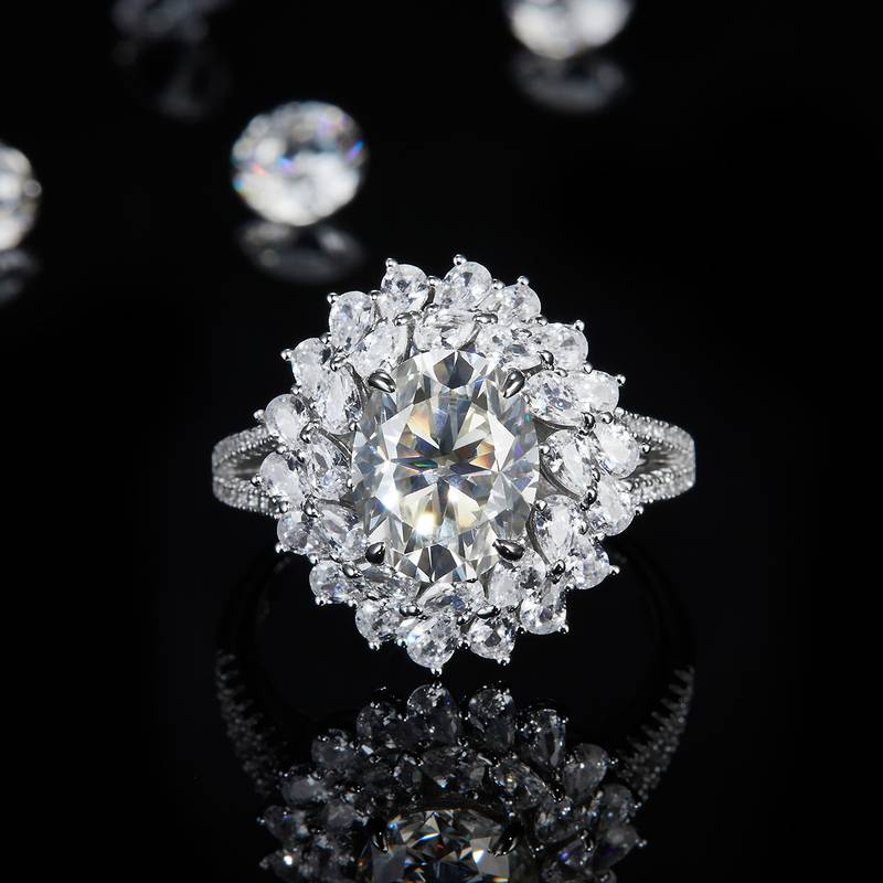 豪华满钻蛋形Women's RingS925银镀白金定制选款主石Moissanite3.0ct/副石高碳钻