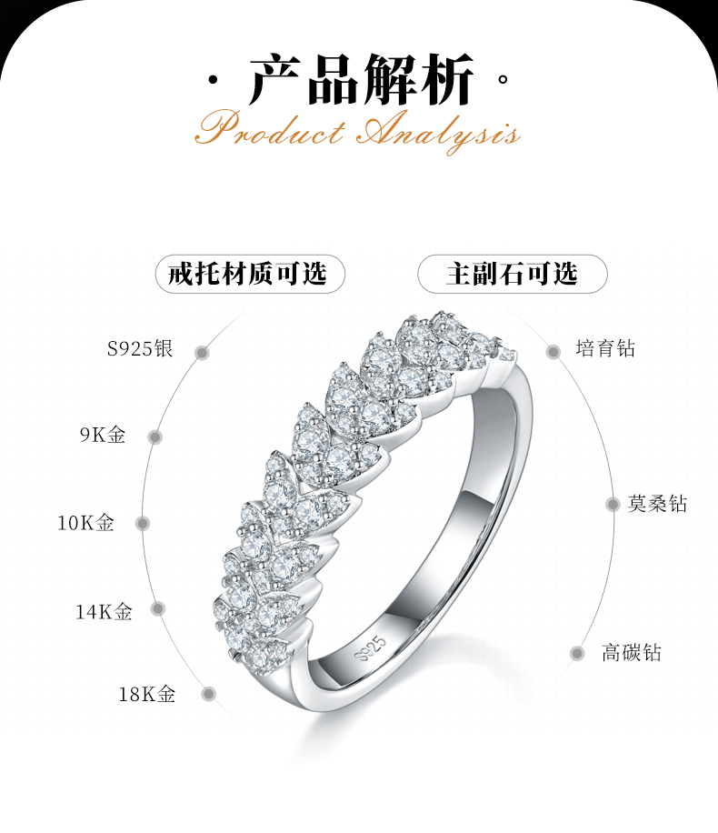 排戒S925银镀白金女戒定制选款副石莫桑钻0.44ct - 2