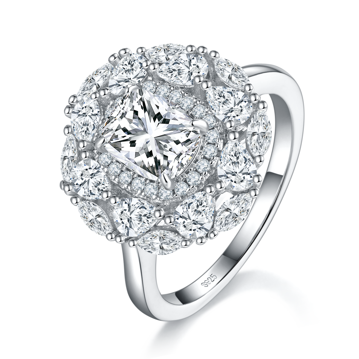 豪华枕形女戒S925银镀白金定制选款主石莫桑钻2.0ct/副石高碳钻