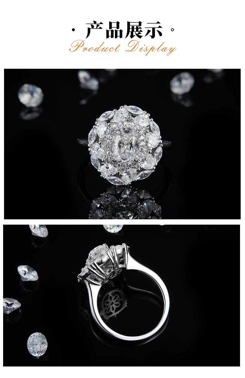 豪华枕形女戒S925银镀白金定制选款主石莫桑钻2.0ct/副石高碳钻 - 3