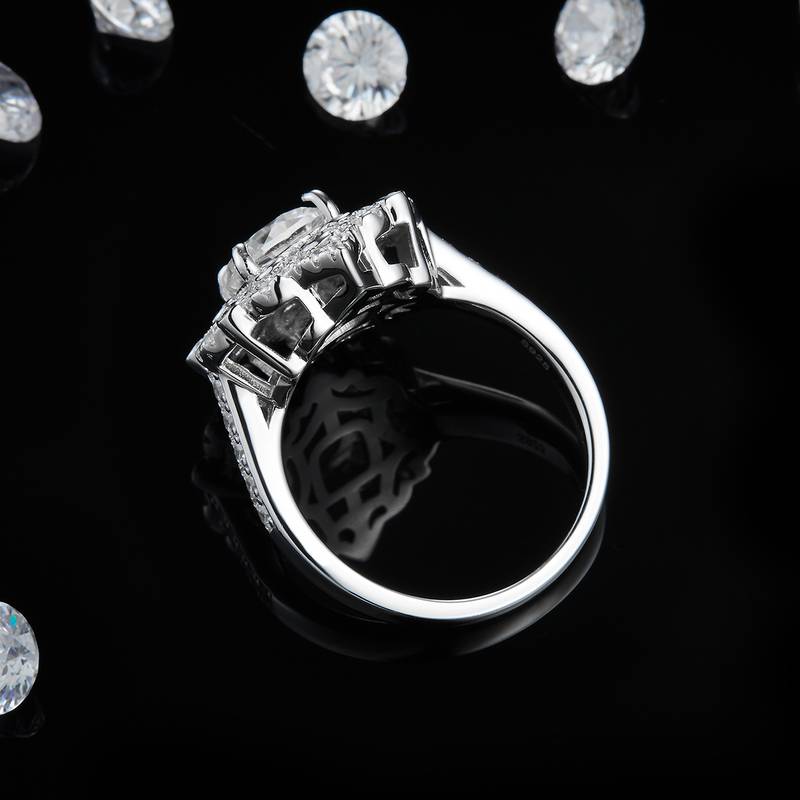 豪华满钻枕形Women's RingS925银镀白金定制选款主石Moissanite2.0ct/副石高碳钻