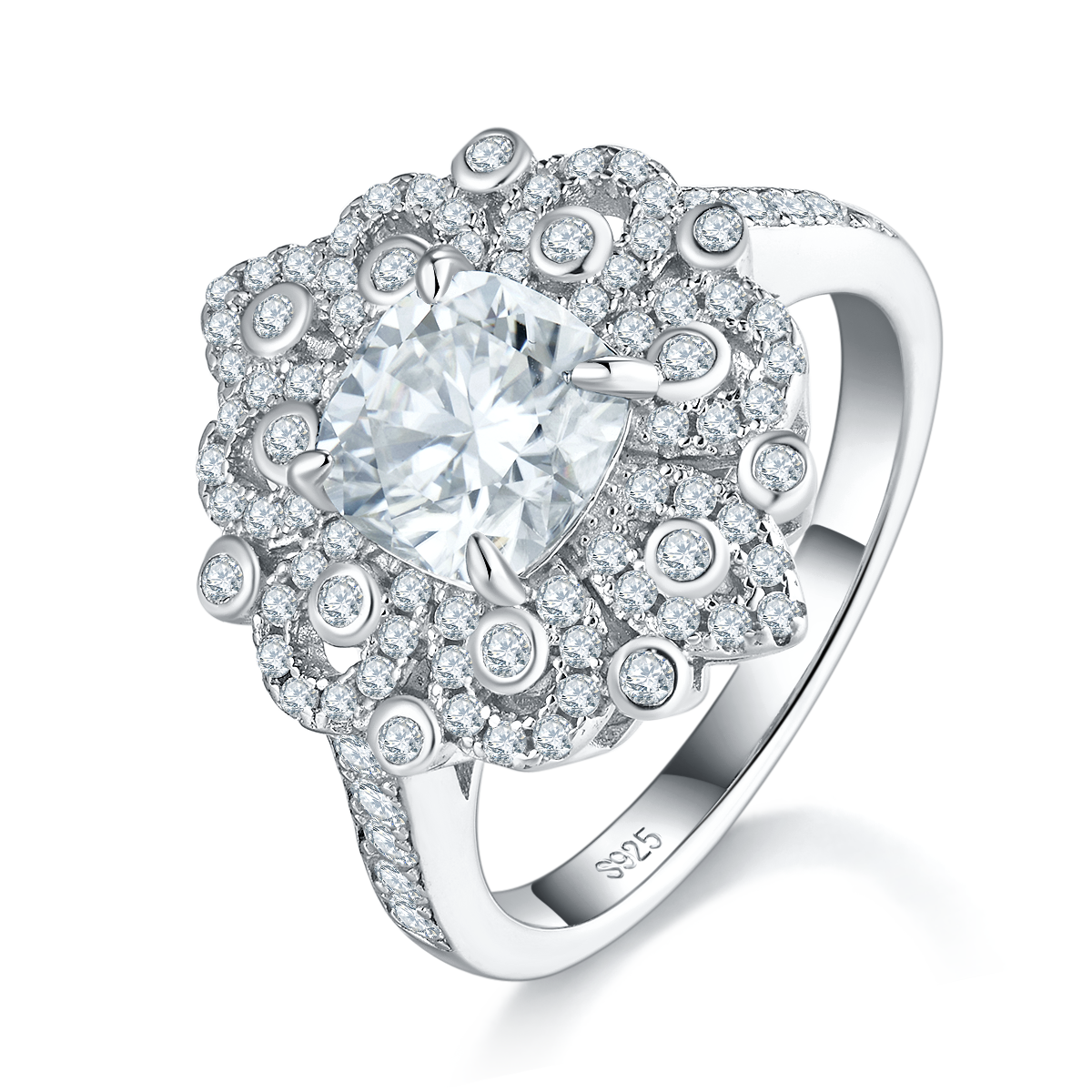 豪华满钻枕形女戒S925银镀白金定制选款主石莫桑钻2.0ct/副石高碳钻