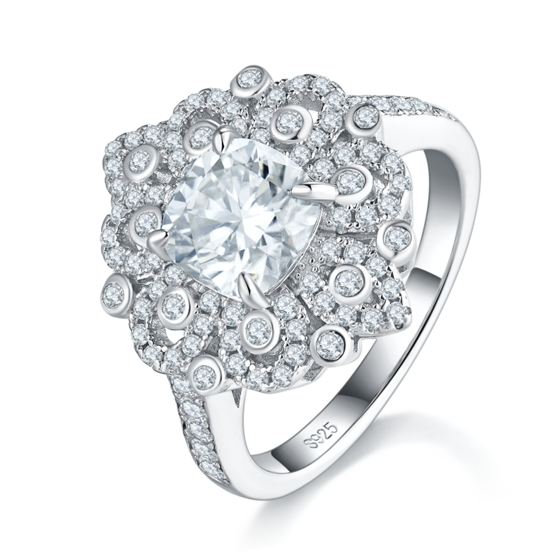 豪华满钻枕形Women's RingS925银镀白金定制选款主石Moissanite2.0ct/副石高碳钻