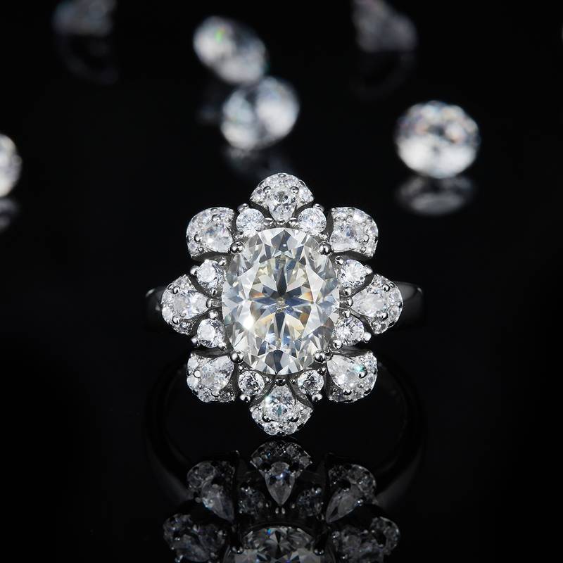 豪华蛋形Women's RingS925银镀白金定制选款主石Moissanite3.0ct/副石高碳钻